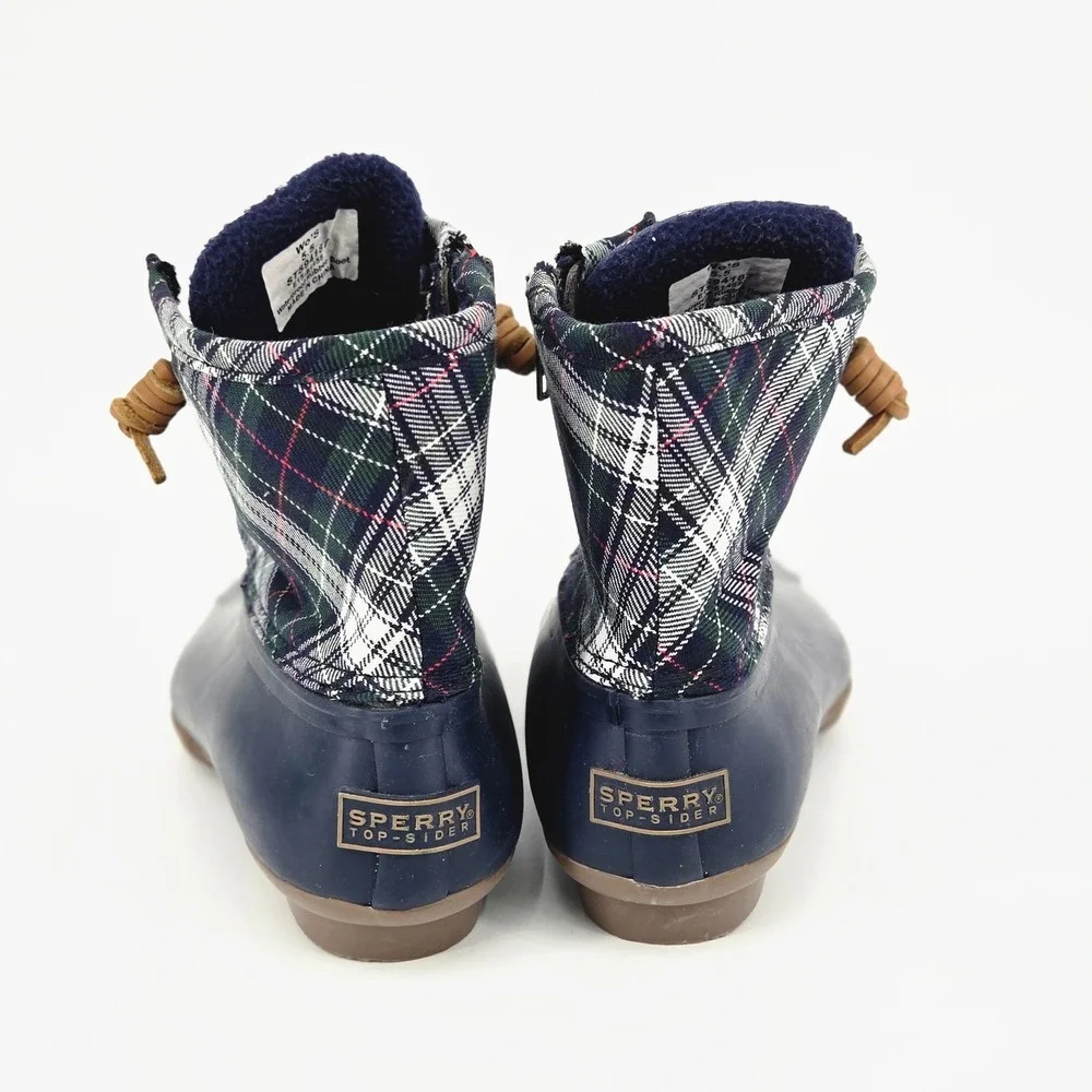 Sperry Top-Sider Saltwater Women Duck Boots Navy Plaid Winter Rain 5.5 Youth 4Y